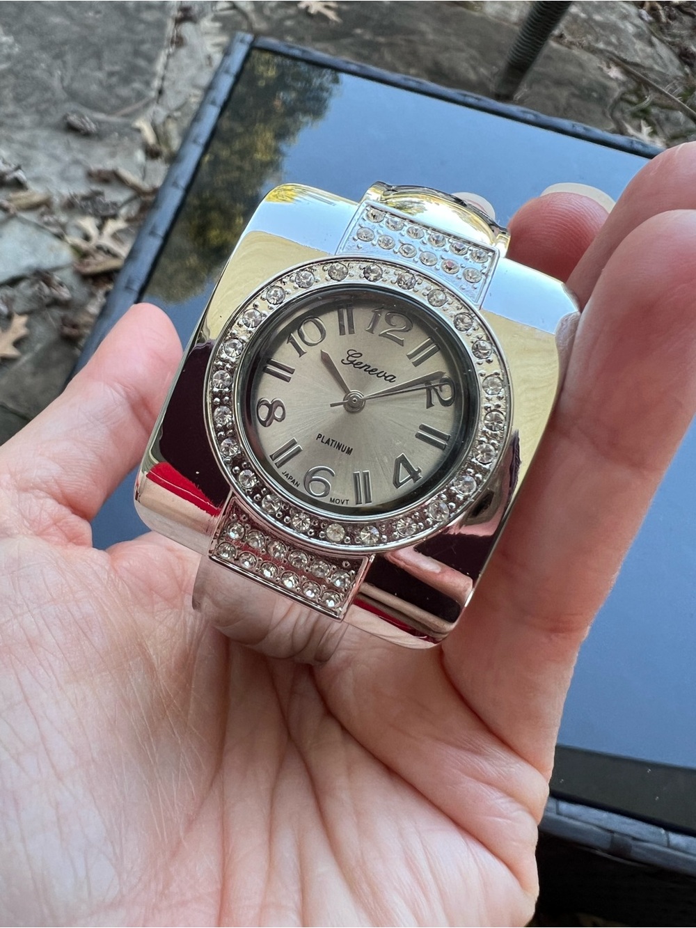 Vintage Y2K Geneva Silver Tone Crystal Accent Cuff Bracelet Watch